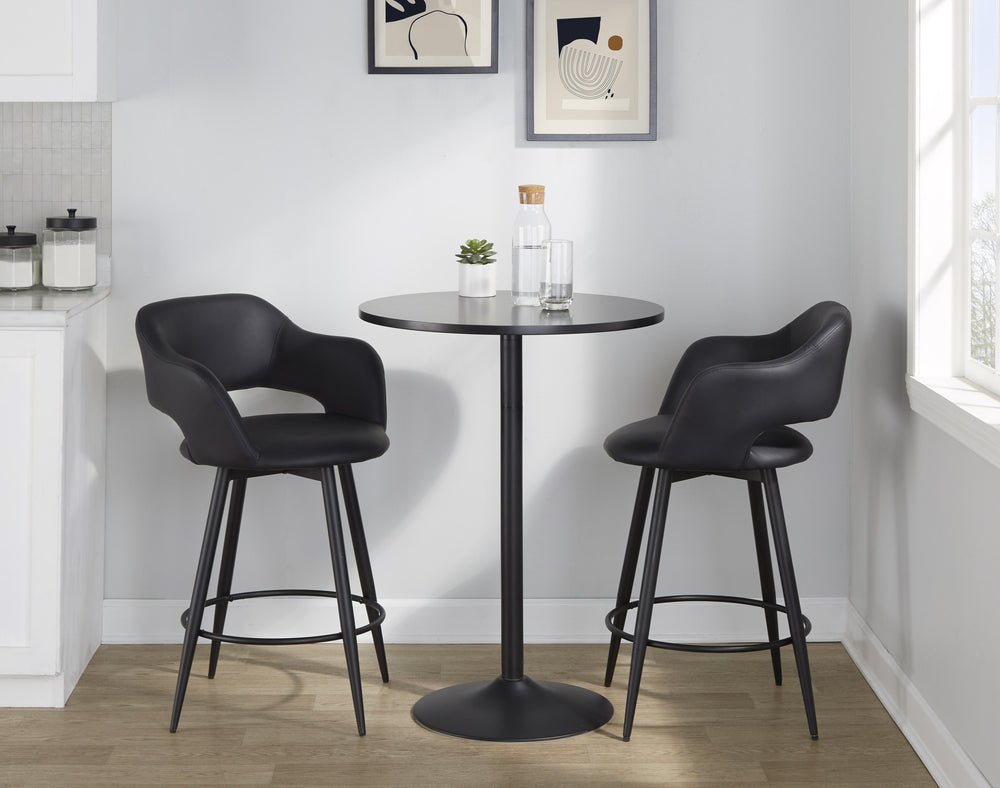 English Elm Margarite 26" Counter Stool Set of 2 — Matte Black Faux Leather Swivel, Armrests, Round Footrest B202S00348