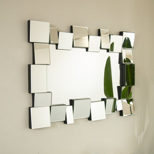 English Elm 30'' Reage Mirror - Geometric Square-Spliced PU Art Mirror Silver, Modern Wall Decor for Home Spaces W2615P346493