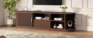 English Elm Vintage Farmhouse Media Console with Slatted Sliding Doors and Brass Hardware for Living Room Walnut N721P427206P