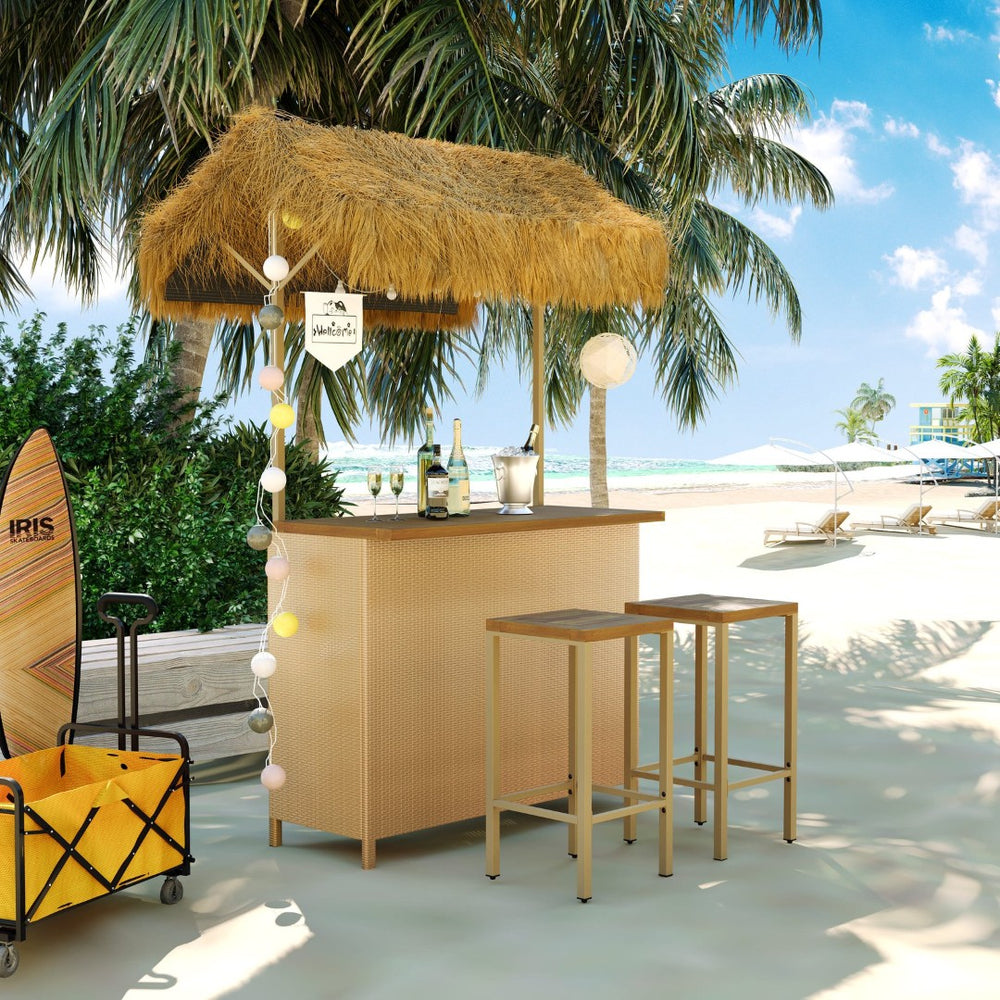 English Elm Go Tropical Tiki Bar Patio Set Acacia Wood Top Pe Wicker Stools with Grass Canopy WF530958AAA