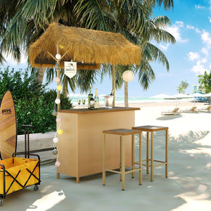 English Elm Go Tropical Tiki Bar Patio Set Acacia Wood Top Pe Wicker Stools with Grass Canopy WF530958AAA
