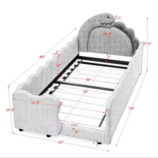English Elm Twin Dinosaur Boucle Upholstered Kids Bed Solid Wood Frame with Padded Safety Rails Navy Blue W1413P384919