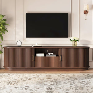 English Elm Vintage Farmhouse Media Console with Slatted Sliding Doors and Brass Hardware for Living Room Walnut N721P427206P