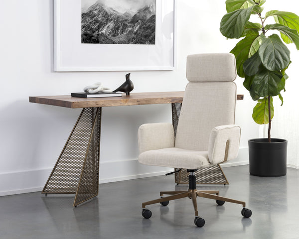 Sunpan Kalev Office Chair - Elegant Chacha Cream Upholstery with Gold Accents & Stainless Steel Base