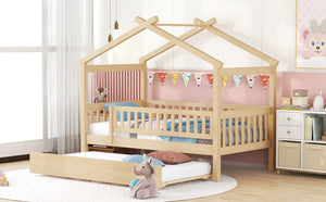 English Elm Twin House Bed with Trundle Solid Pine Frame Walnut Kids Bedroom Sleepover N708P357115N