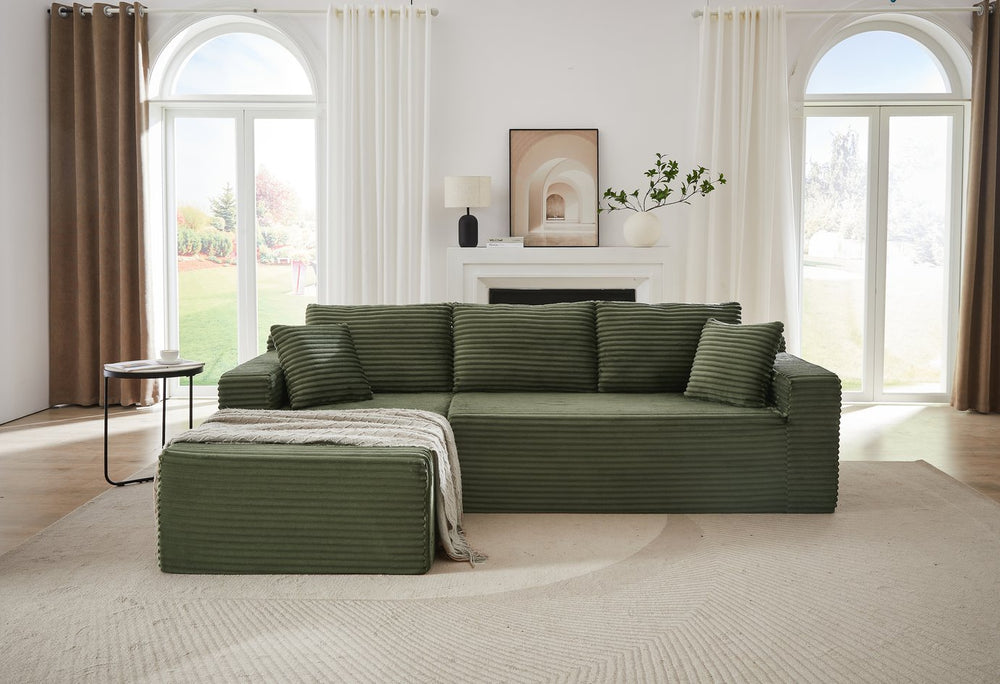 English Elm L-Shaped Cloud Sectional Sofa - Cozy Green Corduroy Modular Sleeper For Living Room & Apartment Use W2339P294930