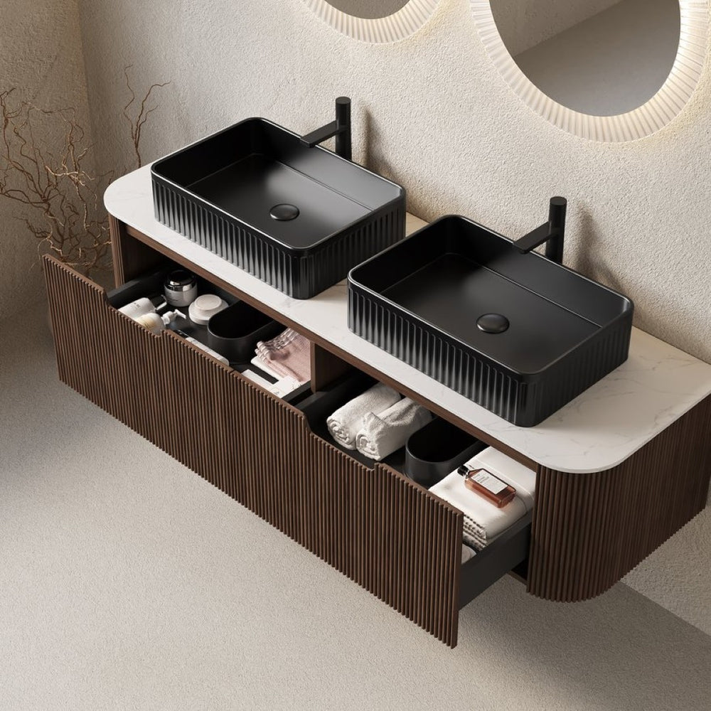English Elm Dina 60 Inch Floating Bathroom Vanity Sintered Stone Top Dual Glass Basins Wood Grain Black,Carrara White,Dark Walnut W2615S00198