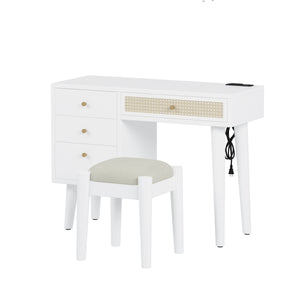 English Elm 39" Retro Bohemian Makeup Vanity Set with Rattan Drawers, USB Charging Port, Cushioned Stool, 4-Drawer Storage White 44.1 L x 18.75 W x 10.5 H N733P180011K