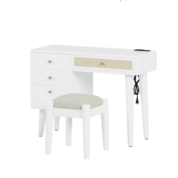 English Elm 39" Retro Bohemian Makeup Vanity Set with Rattan Drawers, USB Charging Port, Cushioned Stool, 4-Drawer Storage White 44.1 L x 18.75 W x 10.5 H N733P180011K