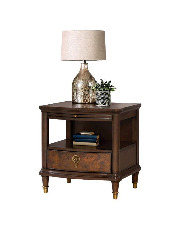 English Elm Modern Oval Cocktail Table with Dark Wood Finish, Gold-Capped Legs & Poplar Burl Trim for Living Rooms Cherry 28 L x 24 W x 24 H B2741P392076