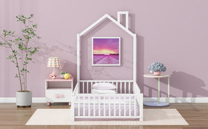 English Elm Twin House Metal Platform Bed with Guardrail & Chimney, White — Kids Playful Frame, Safe Sleep Design N709P203151K