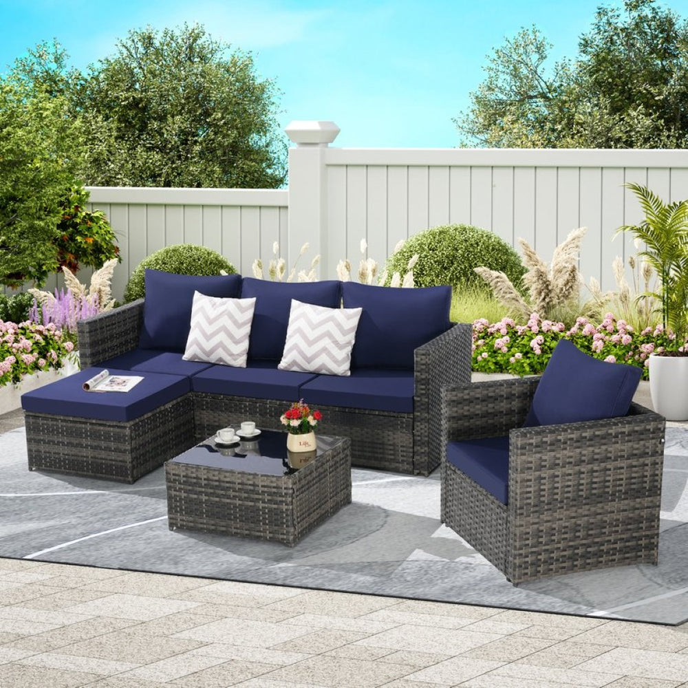 English Elm 3 Piece Outdoor Pe Rattan L-shaped Sectional Set with Ottoman and Tempered Glass Table Dark Blue W874S00054