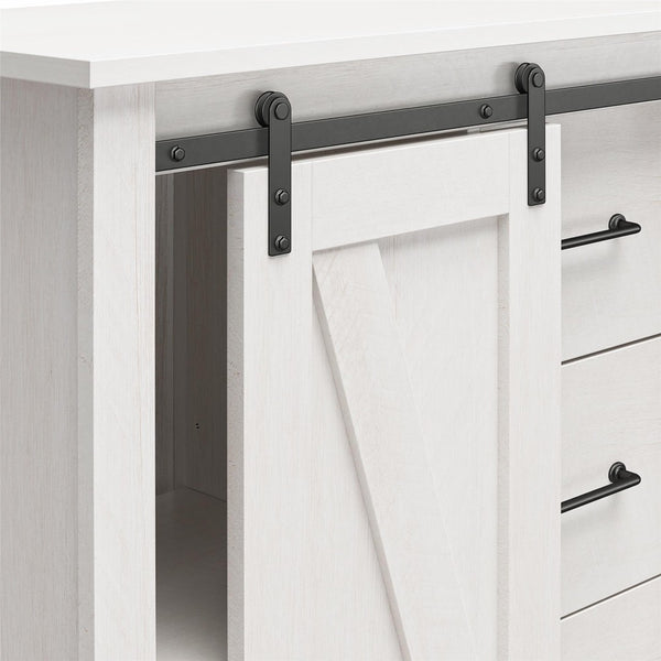 English Elm Alton Farmhouse Chest with Sliding Barn Door Five Drawers and Matte Black Hardware Oak B2733S00019