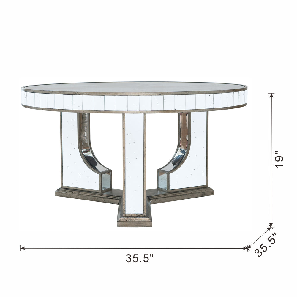 English Elm 35.5x35.5x19" Round Coffee Table with Mirrored Silver Finish, Floral Accents & Sturdy Circular Top, Elegant Living Room Centerpiece W2078P248214