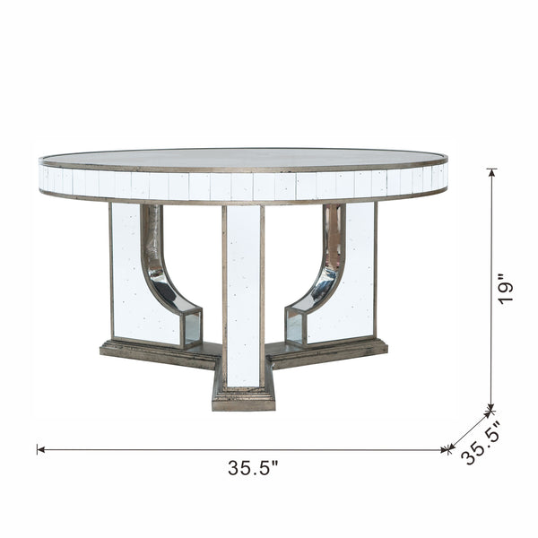 English Elm 35.5x35.5x19" Round Coffee Table with Mirrored Silver Finish, Floral Accents & Sturdy Circular Top, Elegant Living Room Centerpiece W2078P248214