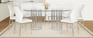 English Elm Table and Chair Set Oval Tempered Glass Top 9 Piece Modern Dining with Pu Seats Silver,Transparent,White W1151S04745
