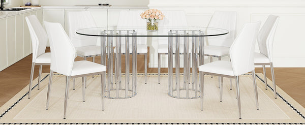 English Elm Table and Chair Set Oval Tempered Glass Top 9 Piece Modern Dining with Pu Seats Silver,Transparent,White W1151S04745