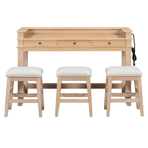 English Elm TREXM Retro 4-Piece Space-Saving Bar Table Set with 3 Stools, USB Power Strip, Storage Drawers Natural ST000145AAD