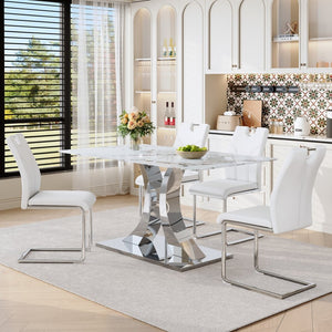 English Elm Switchable Base Glass Top Dining Set with Four U-shaped Armchairs for Modern Spaces W2920S00081