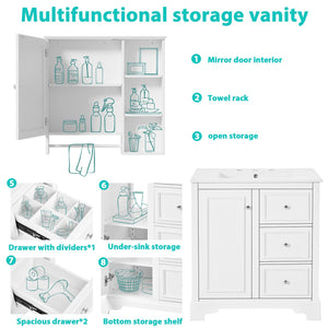 English Elm 30-inch bathroom vanity mirror cabinet set with ceramic sink, solid wood build, 3 drawers & shelves White SV000028AAK