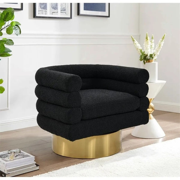 English Elm Modern Boucle Upholstered Barrel Swivel Chair with Brushed Gold Base for Living Room Black B011P426603