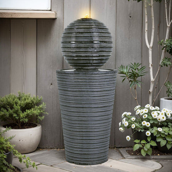 English Elm Christopher Knight Home® - 31.5"H Tall Striped Concrete Column Fountain with LED Light Effects, Weatherproof Accent for Courtyards N765P324550G