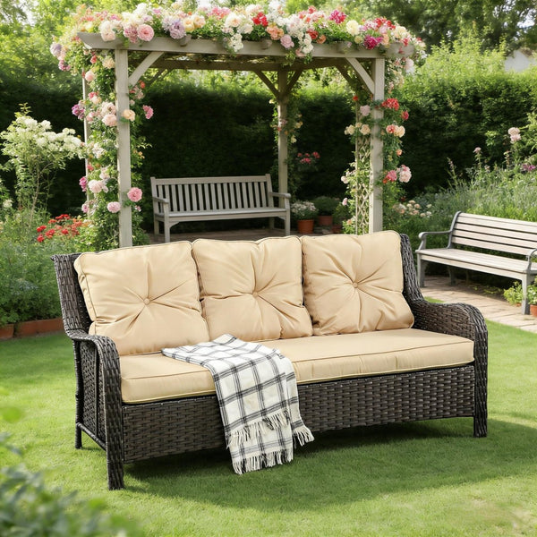 English Elm Patio Three-seat Outdoor Sofa Handwoven Pe Rattan Steel Frame with Foam Cushions T3971P446225