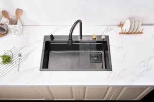 English Elm Waterfall Matte Black Stainless Steel Workstation Sink with Pull Out Faucet and Prep Rail T3177P286036