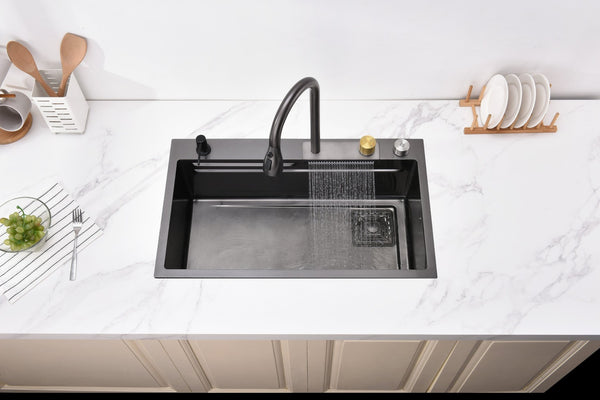 English Elm Waterfall Matte Black Stainless Steel Workstation Sink with Pull Out Faucet and Prep Rail T3177P286036
