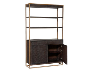 Sunpan Baldessara Bookcase - Rustic Bronze Steel Frame with Grey Oak Veneer Shelves, Anti-Tipping Kit Included