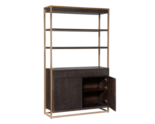 Sunpan Baldessara Bookcase - Rustic Bronze Steel Frame with Grey Oak Veneer Shelves, Anti-Tipping Kit Included