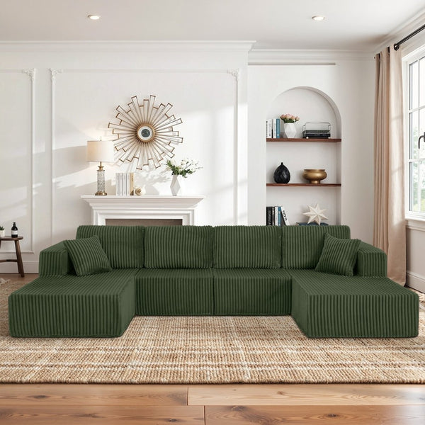 English Elm U-shaped Modular Corduroy Sectional Sofa Sleeper Spacious Living Room Lounge Couch Green W487S00423