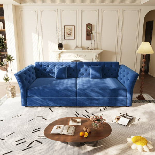 English Elm 100" Oversized Velvet Sleeper Sofa with Floral Tufted Cushions for Living Room Blue W1885S00303