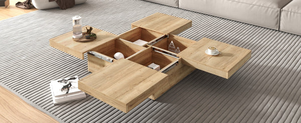 English Elm Square Marble Veneer Coffee Table with Sliding Top Hidden Storage Pedestal Base Natural N735P388120N
