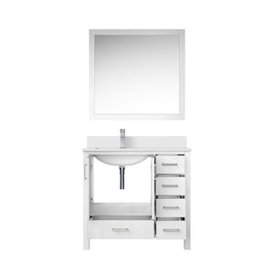 English Elm White Bath Vanity Set With Left Offset Cultured Marble Top, Chrome Faucet & Matching Mirror 36" W B2731S01328-GIGA