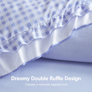 English Elm 3-piece Cottage Gingham Comforter Set with Ruffle Trim and Round Throw Pillow Blue B035P463185