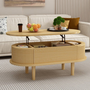 English Elm Fluted Oval Lift Top Coffee Table with Hidden Storage Mid-century Modern Living Room Natural Wood W2641P384387