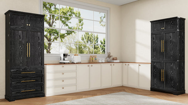 English Elm K&k Farmhouse Pantry Cabinet Tall Freestanding Kitchen Storage with Drawers Shelves Black N707P356569B