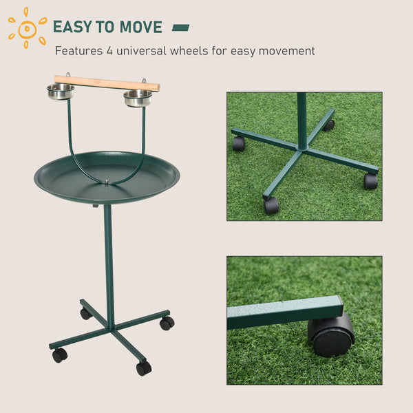 English Elm PawHut Rolling 48" T-Stand Bird Playstand with Large Perch, Stainless Bowls, Tray & Wheels Green W2225P173755