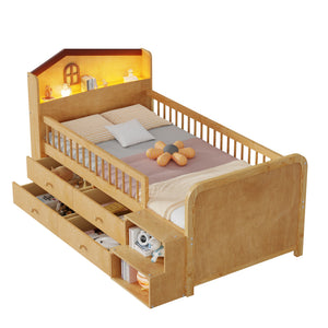 English Elm Low Twin Loft Bed with House-Style Headboard and Built-In LED Lights for Modern Kids' Rooms Natural 42.91 L x 28.35 W x 6.69 H W2593S00007