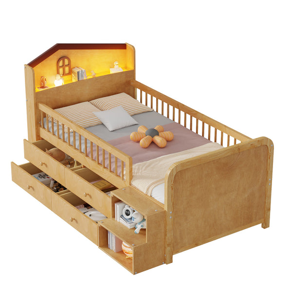English Elm Low Twin Loft Bed with House-Style Headboard and Built-In LED Lights for Modern Kids' Rooms Natural 42.91 L x 28.35 W x 6.69 H W2593S00007
