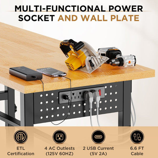 English Elm 96" Heavy Duty Garage Workbench Solid Wood Top Pegboard 2000 Lb Steel Frame W3190P401361
