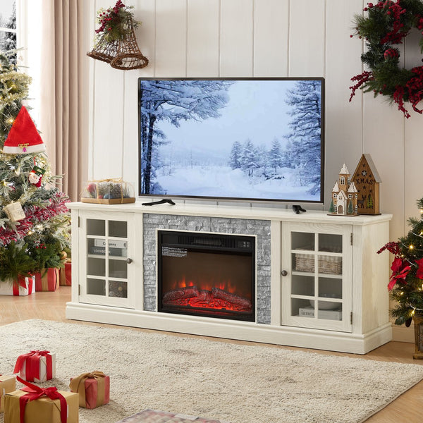 English Elm 70" Modern TV Stand with 23" Electric Fireplace, Faux Stone Mantel, Ample Storage & Cable Management White W2275S00022