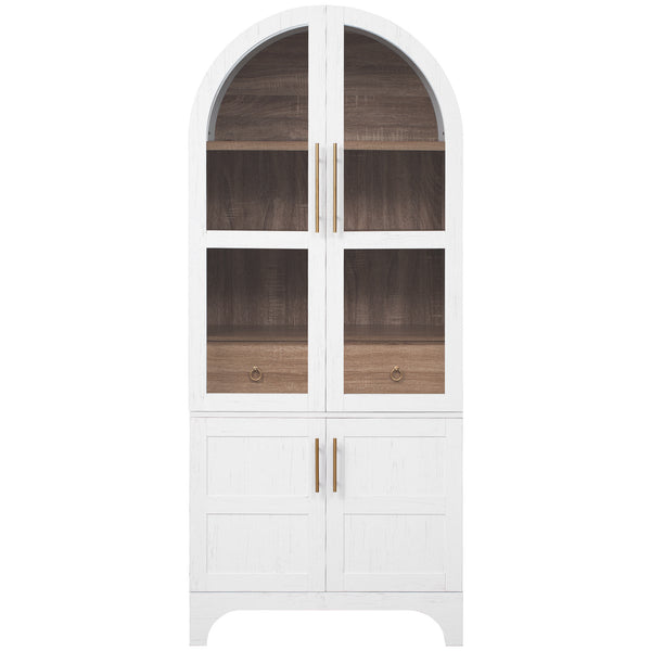 English Elm K&K Arched 71" Kitchen Pantry Cabinet with Glass Doors, Brass Handles, Adjustable Shelves & Drawer White N707P288969W