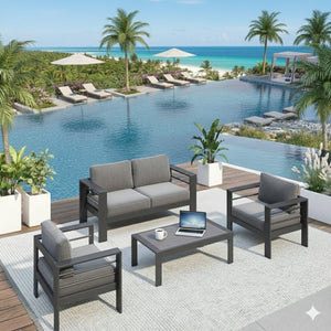 English Elm 4-piece Outdoor Aluminum Conversation Set with Deep Lounge Seating and Wpc Coffee Table Dark Grey B082S00089