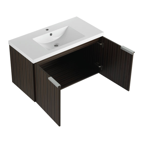 English Elm 36 Inch Silver-Brown Stripe Wall-Mounted Vanity with Resin Sink, Soft-Close Doors & Spacious Storage W999P204953