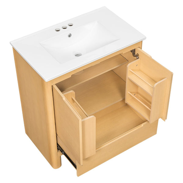 English Elm [video] 30 Inch Freestanding Bathroom Vanity Pine Legs Ceramic Sink Soft Close Storage Oak N759P412928O