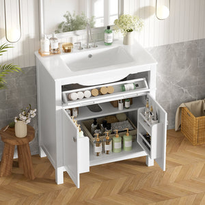 English Elm 30-inch Modern Bathroom Vanity with Ceramic Sink, Gold Accents, Solid Wood Frame, Soft-Close Doors and Ample Storage White WF324045AAK