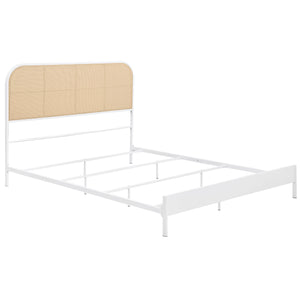 English Elm Kenneth White Radio Weave Queen Bed with Coastal White Metal Frame, Rattan Headboard Texture, Sturdy Powder-Coated Design B062P374089