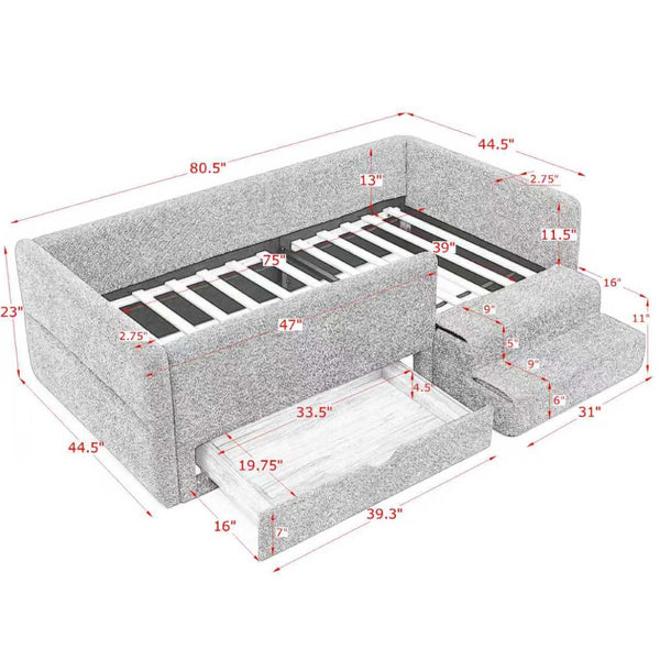 English Elm Twin Boucle Upholstered Kids Bed with Guardrails Built in Storage and Cushioned Step Stool Beige W1413P433364
